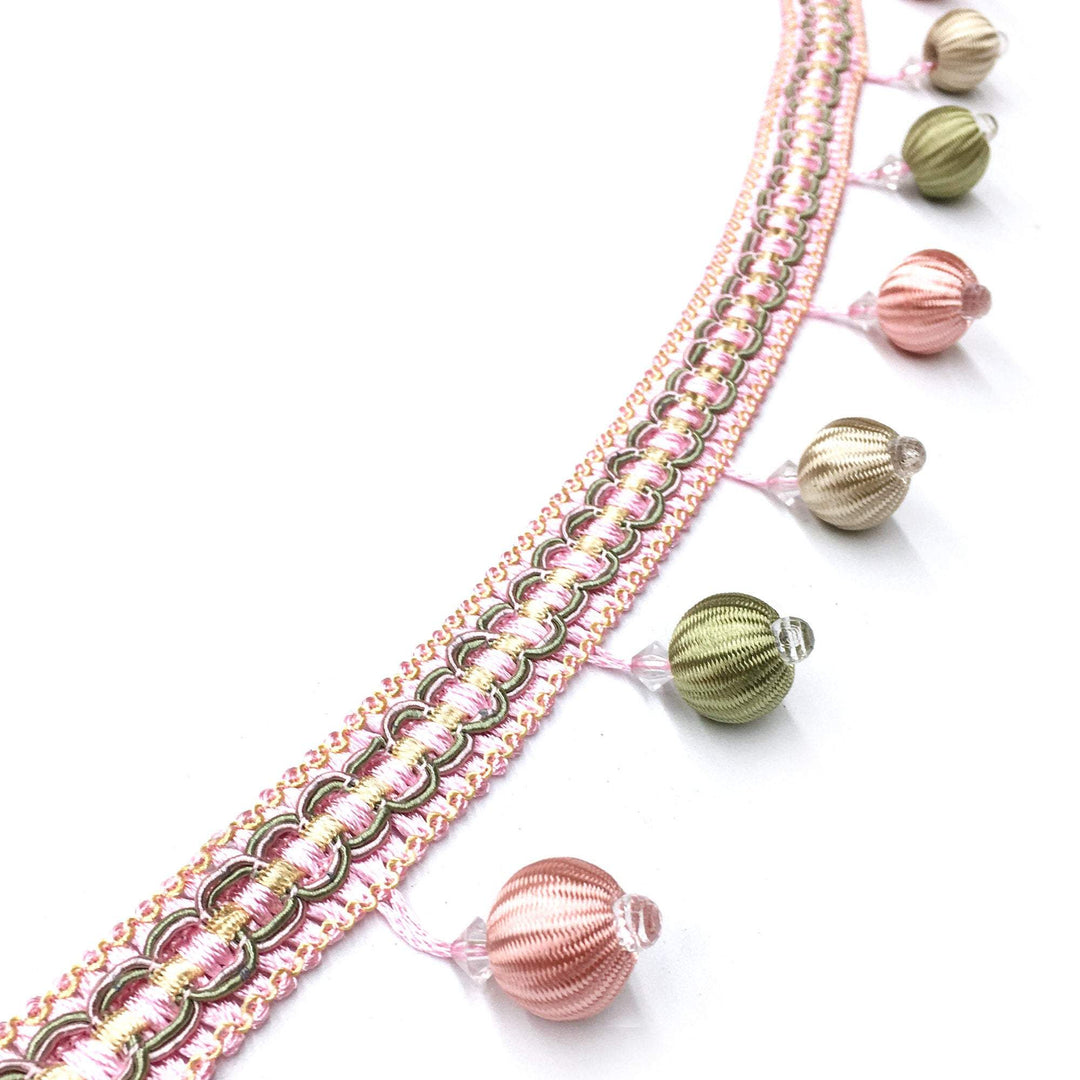 2 COLORS / GISELLE 2" Pink Blue Boho Pompom ball Beaded Tassel Fringe Trim / By The Yard - Classic & Modern